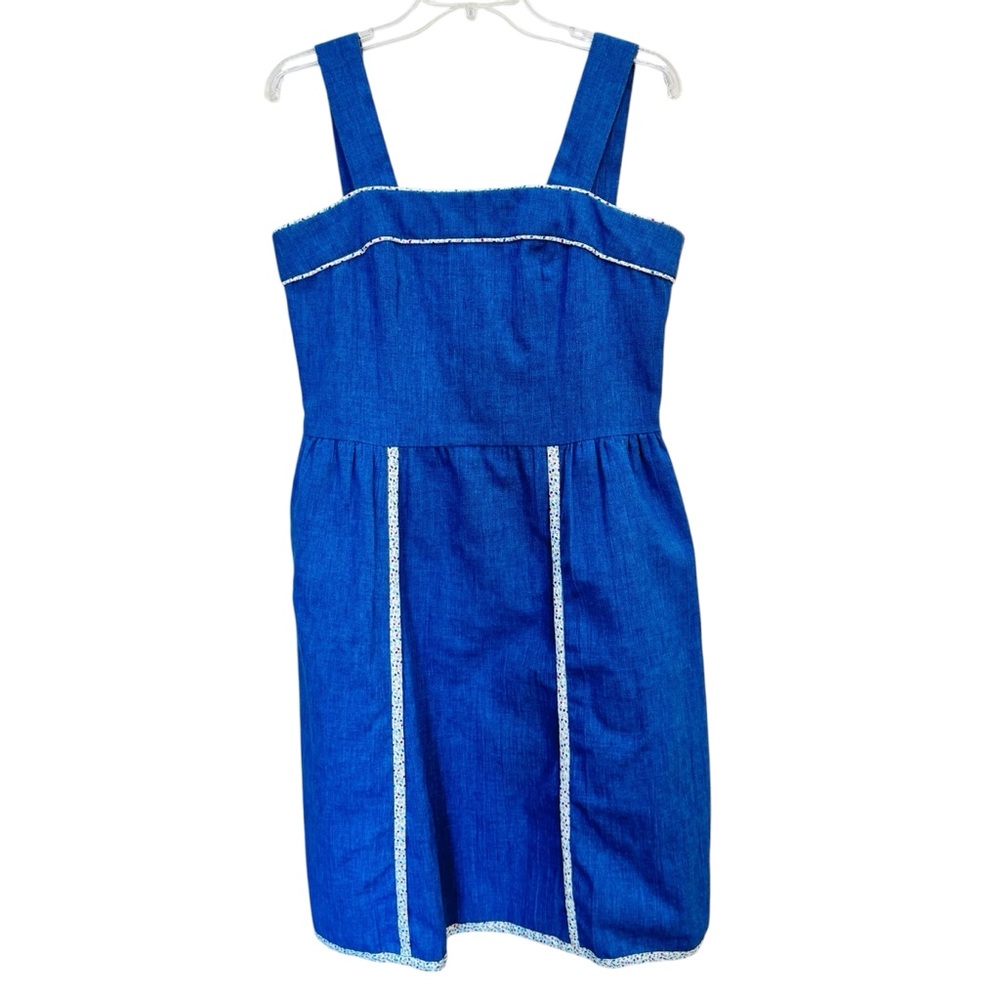 Vintage 70s Sleeveless Blue Chambray Dress Thin Floral Trim - M - boho hippie